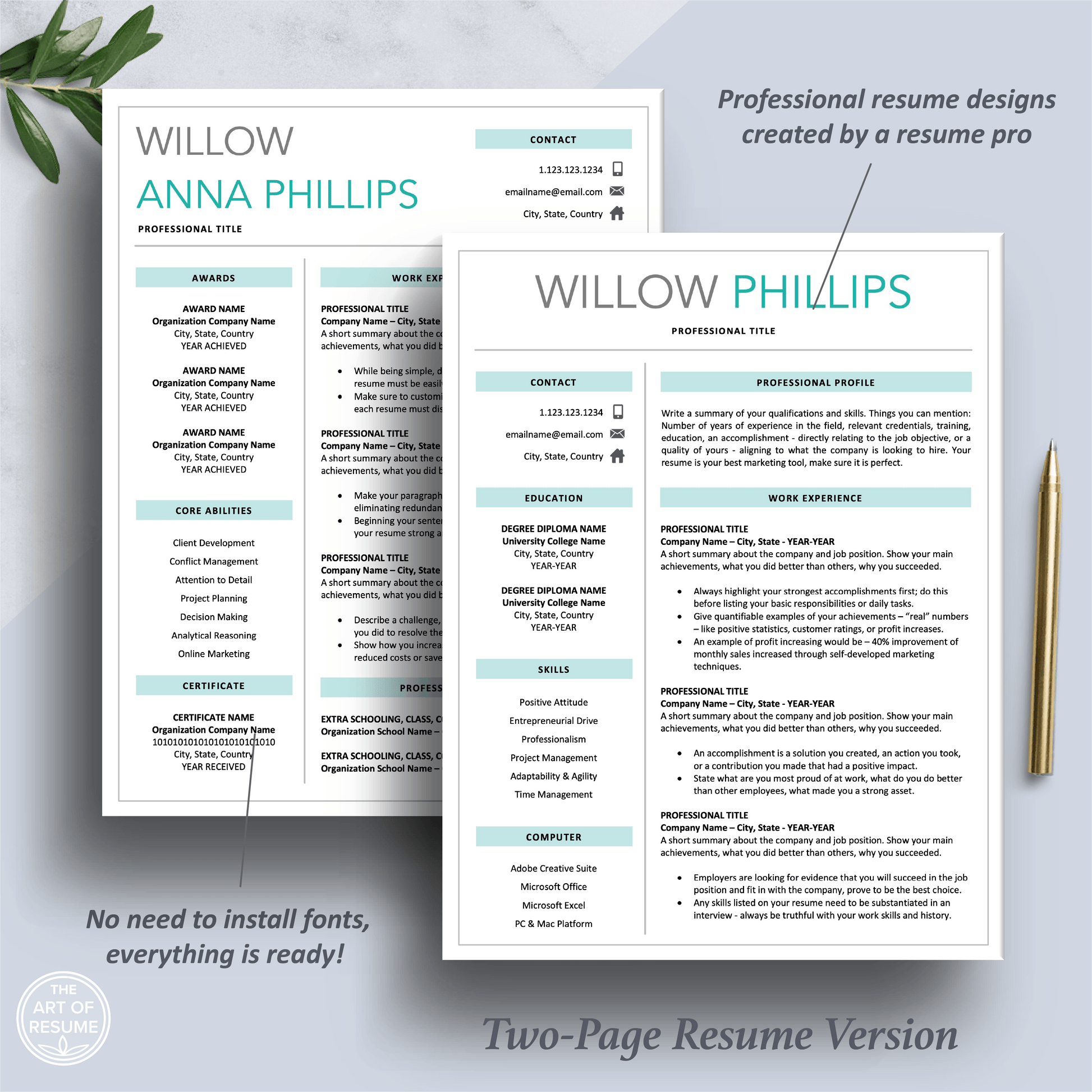 Modern Resume CV | Creative Teal Blue Resume Download - The Art of Resume