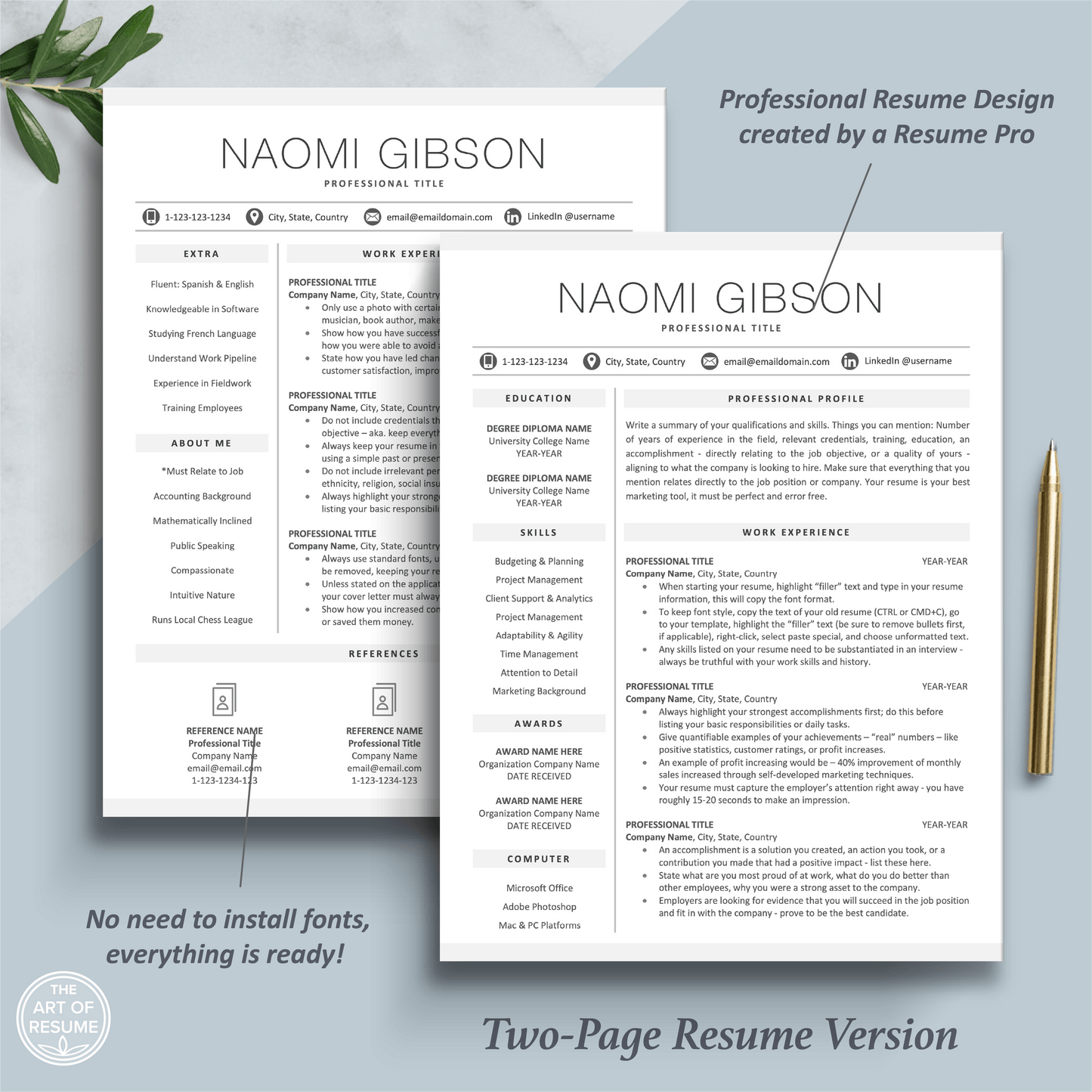 The Art of Resume Templates | Two Page  Professional Minimalist Simple Executive Resume CV Template | Curriculum Vitae