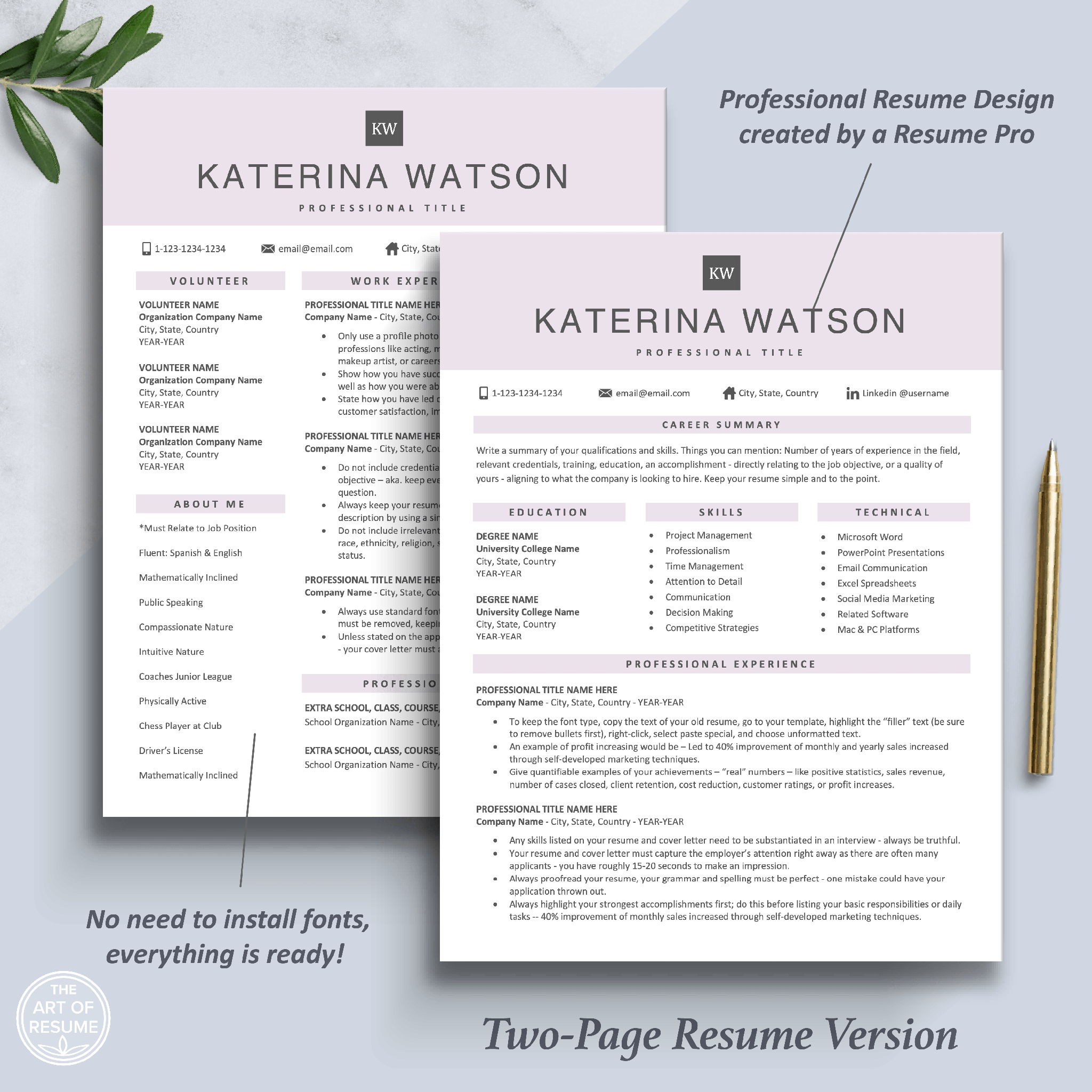 Professional Resume Design | Pink Resume Template | Modern CV – The Art ...