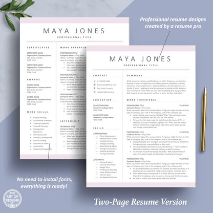 The Art of Resume Templates | Two Page Professional Simple Pink Executive Resume CV Template | Curriculum Vitae