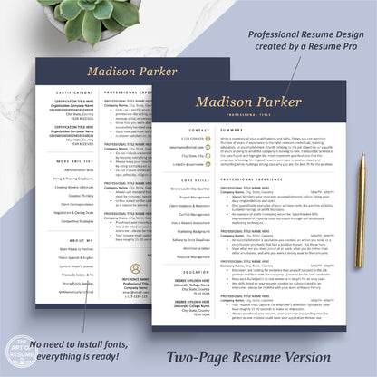 The Art of Resume Templates - Two Page Professional Dark Blue Executive Resume CV Template - Curriculum Vitae