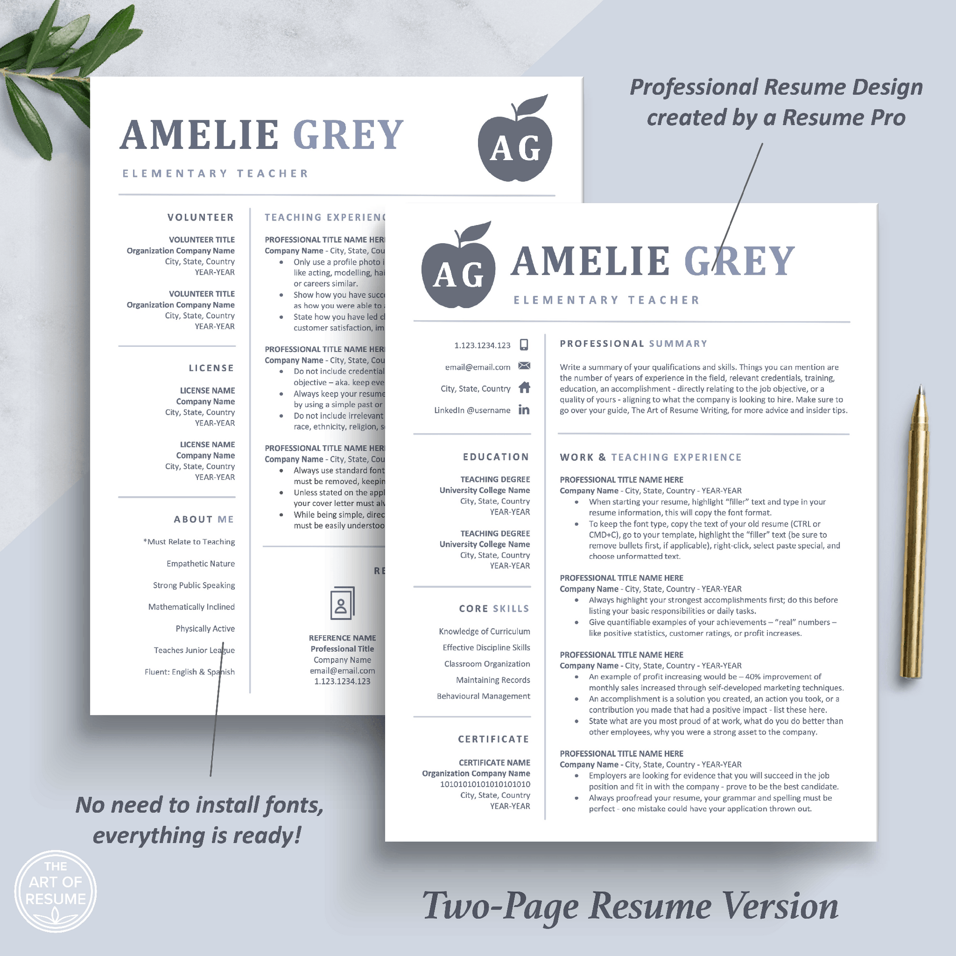 The Art of Resume Templates | Two Page Teacher Blue Grey Executive Resume CV Template | Curriculum Vitae