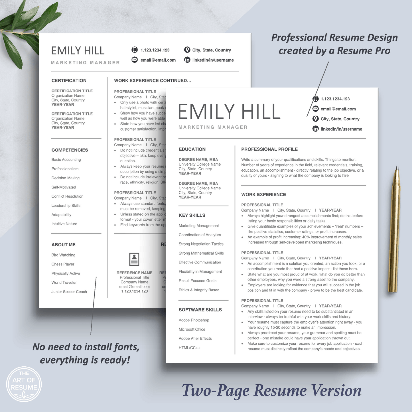 2-Page Modern Resume Design Template Bundle, Instant Download Bundle for Google Docs, Apple Pages, Microsoft Word, Mac and PC
