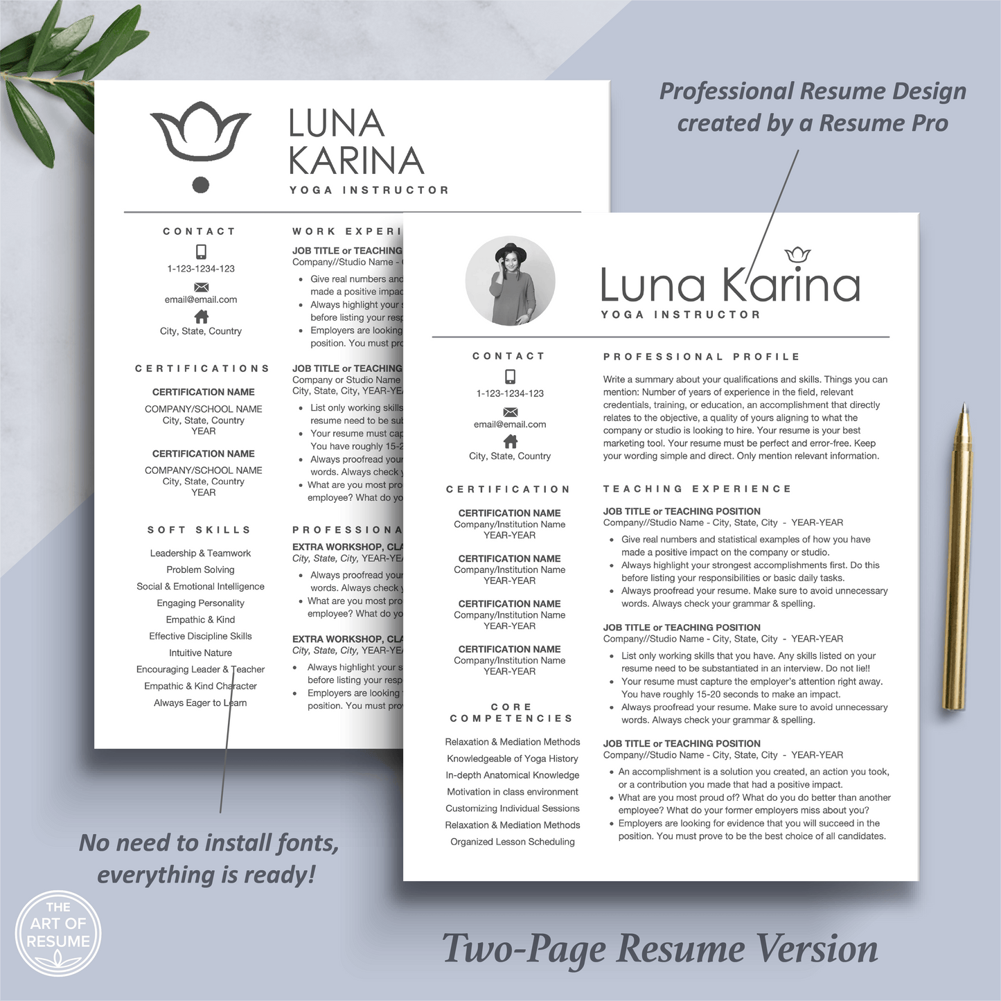 The Art of Resume Templates | Two Page Professional Professional Yoga, Fitness, Designer, Wellness, Executive Resume CV Template | Curriculum Vitae