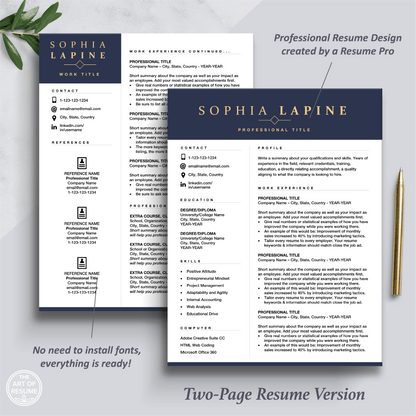The Art of Resume Templates | Two Page Professional Navy Blue Executive Resume CV Template | Curriculum Vitae