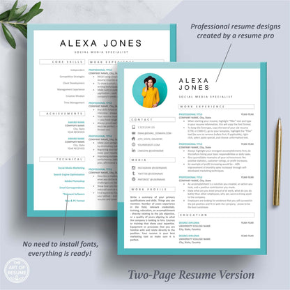 The Art of Resume Templates | Two Page Professional Teal Blue Resume CV Design Template with Photo Picture Executive Resume CV Template | Curriculum Vitae