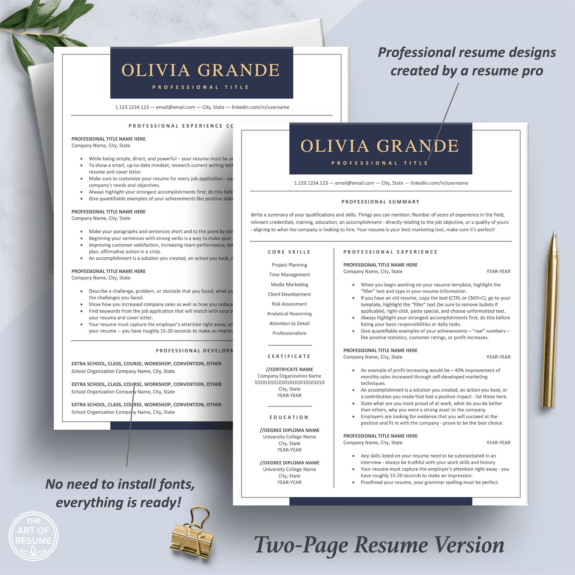 The Art of Resume Templates | Two Page Professional Navy Executive Resume CV Template | Curriculum Vitae
