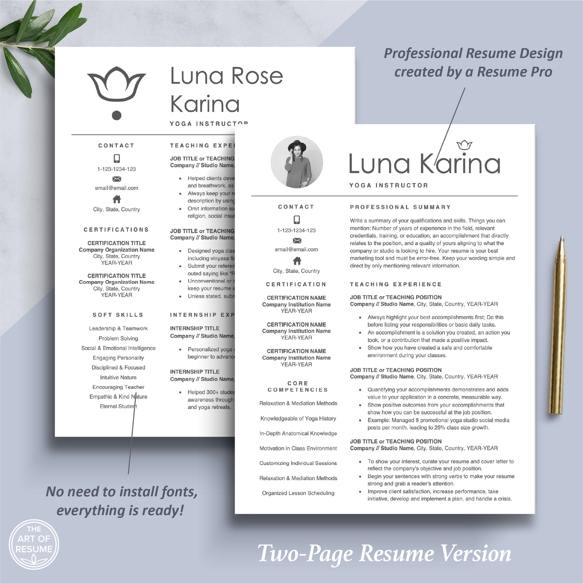 The Art of Resume Templates | Two Page Yoga Teacher Resume CV Template | Curriculum Vitae