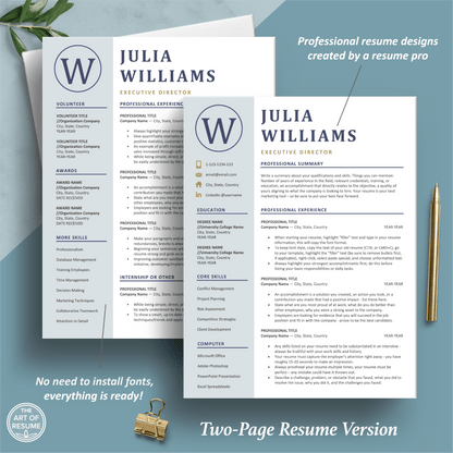 The Art of Resume Templates | Two Page Professional Blue Executive Resume CV Template | Curriculum Vitae