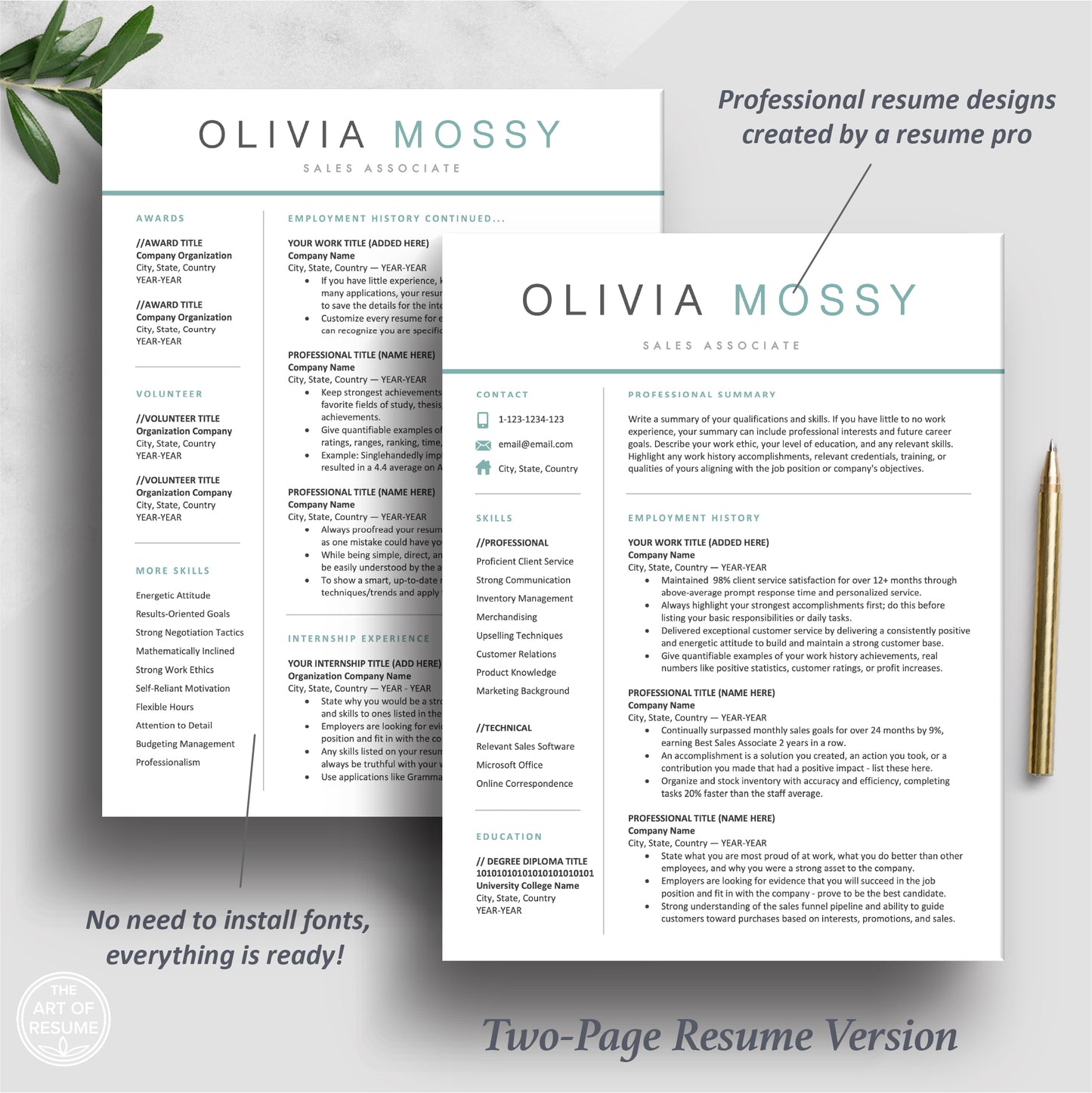 The Art of Resume | Teal Blue Resume Template Design Bundle Download | 2 Page Format