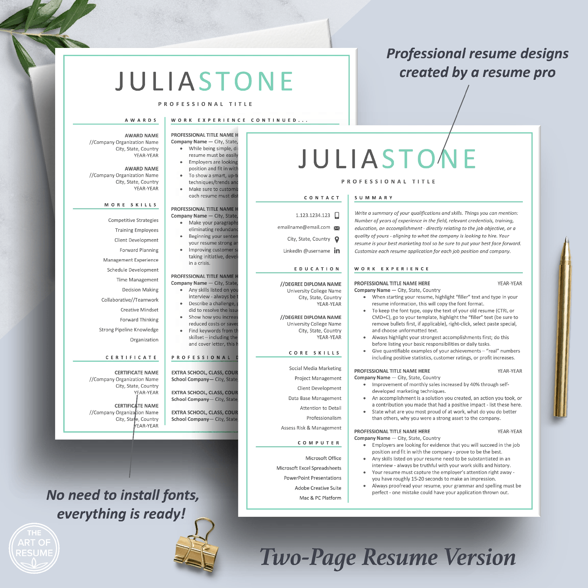 Free Resume Templates Teal Resume Design with Cover Letter The Art