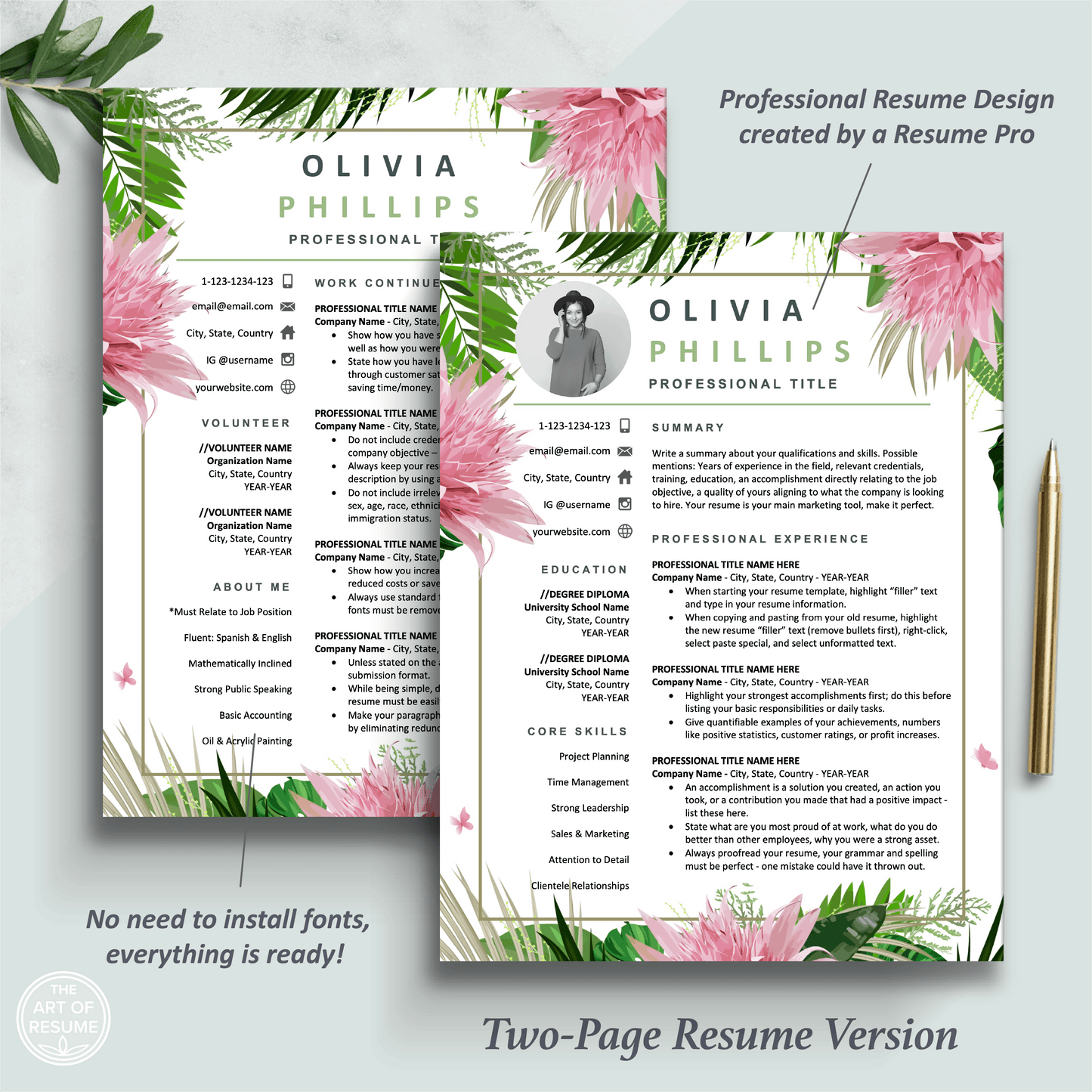 The Art of Resume Templates | Two-Page Creative Pink Floral  Executive Resume CV Template | Curriculum Vitae