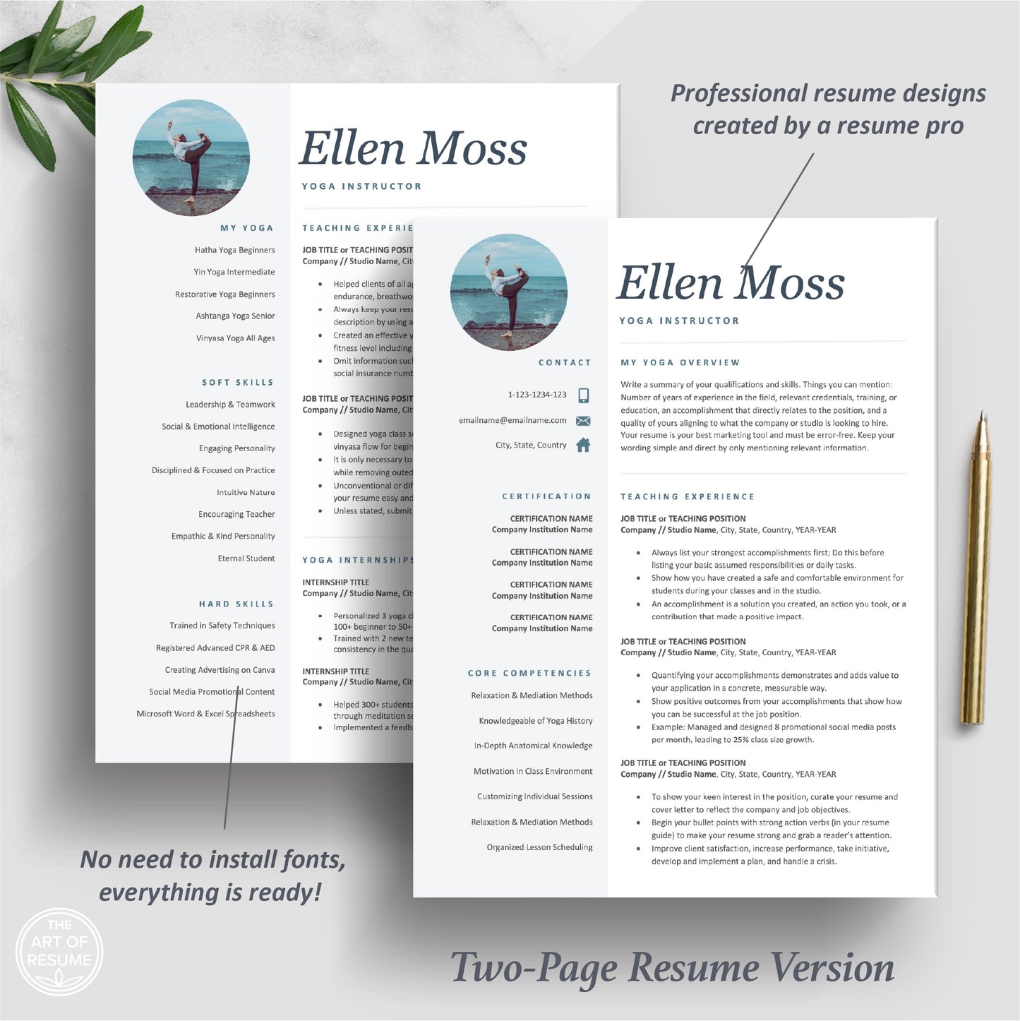 The Art of Resume Templates | Two Page Yoga TeacherResume CV Template | Curriculum Vitae