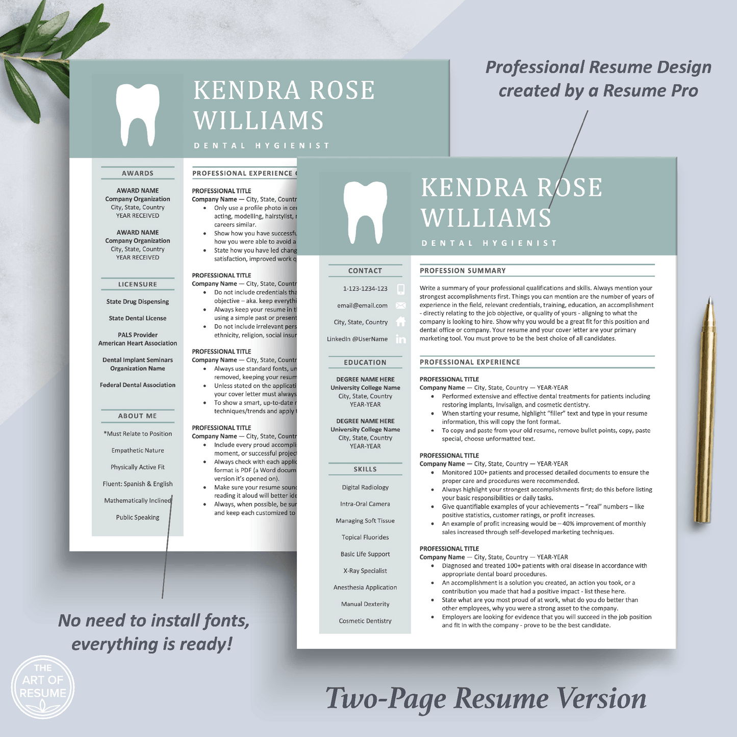The Art of Resume Templates | Two Page Dentist, Hygienist, Dental Student, Assistant Executive Resume CV Template | Curriculum Vitae