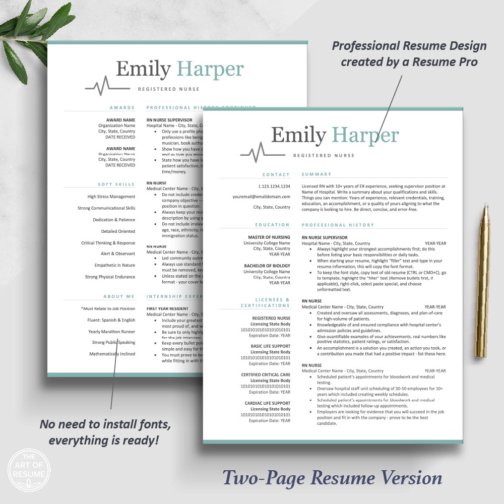 The Art of Resume | Medical Nurse Doctor Resume CV Template Maker Bundle | 2 Page Resume Format