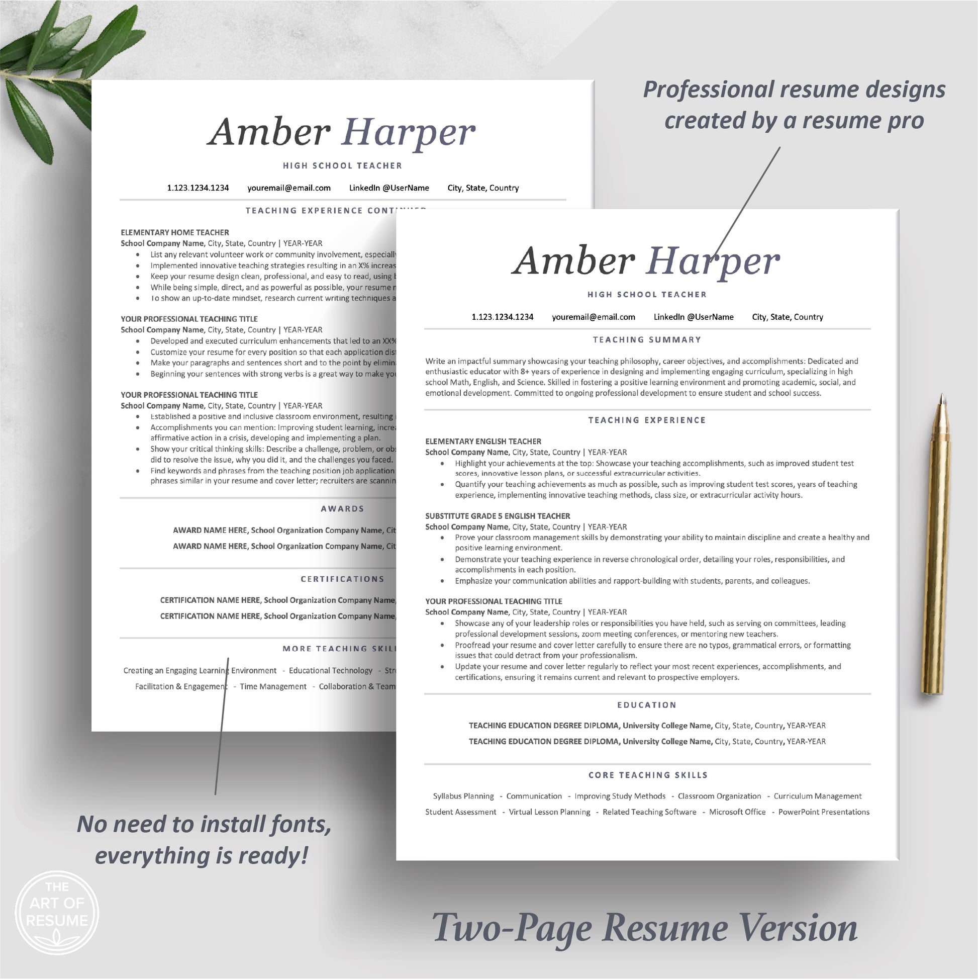 The Art of Resume Templates | Two Page ATS-Friendly Teacher Educator  Executive Resume CV Template | Curriculum Vitae