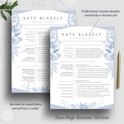 The Art of Resume | Blue Floral Resume Template Design | 2 Page Resume Format
