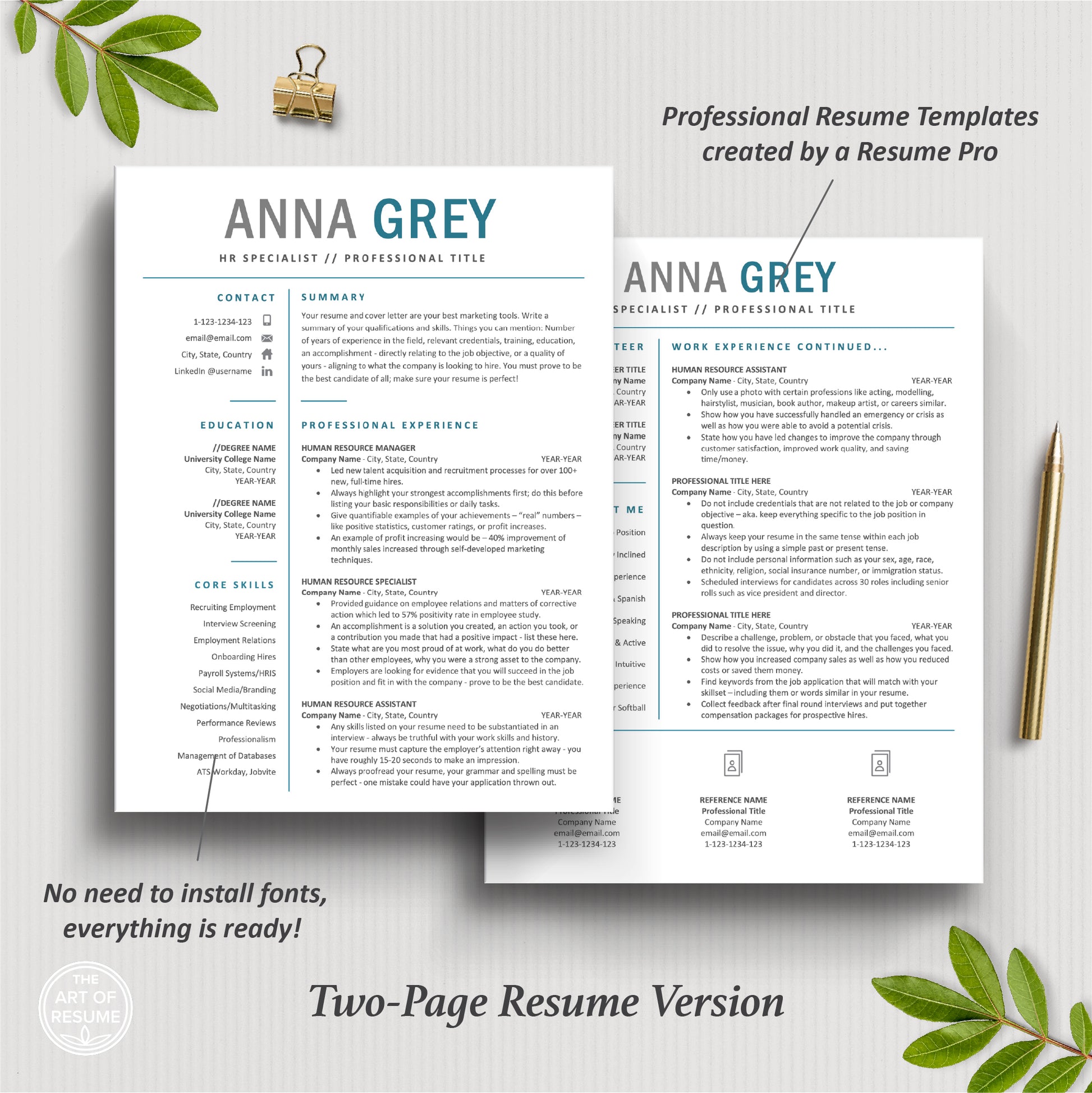 The Art of Resume Template Designs | 2 page modern blue and white resume template design for human resource office design