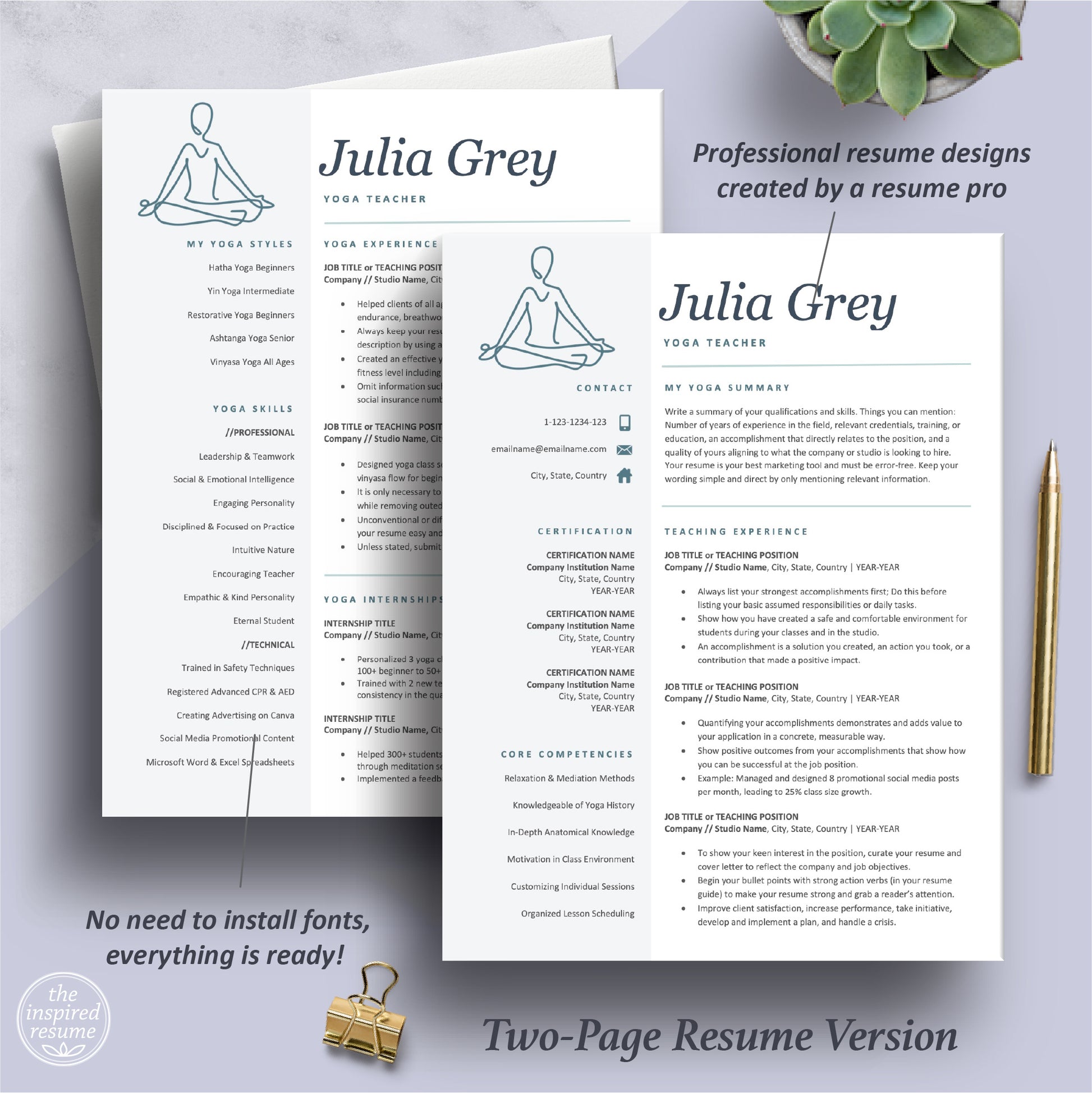 The Art of Resume Templates | Two Page Yoga Teacher, Yoga Instructor   Resume CV Template | Curriculum Vitae