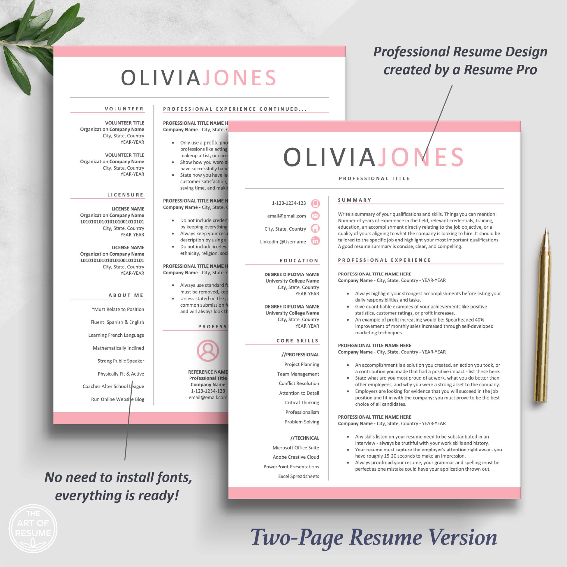 The Art of Resume Templates | Two Page Pink Modern Resume CV Template | Curriculum Vitae