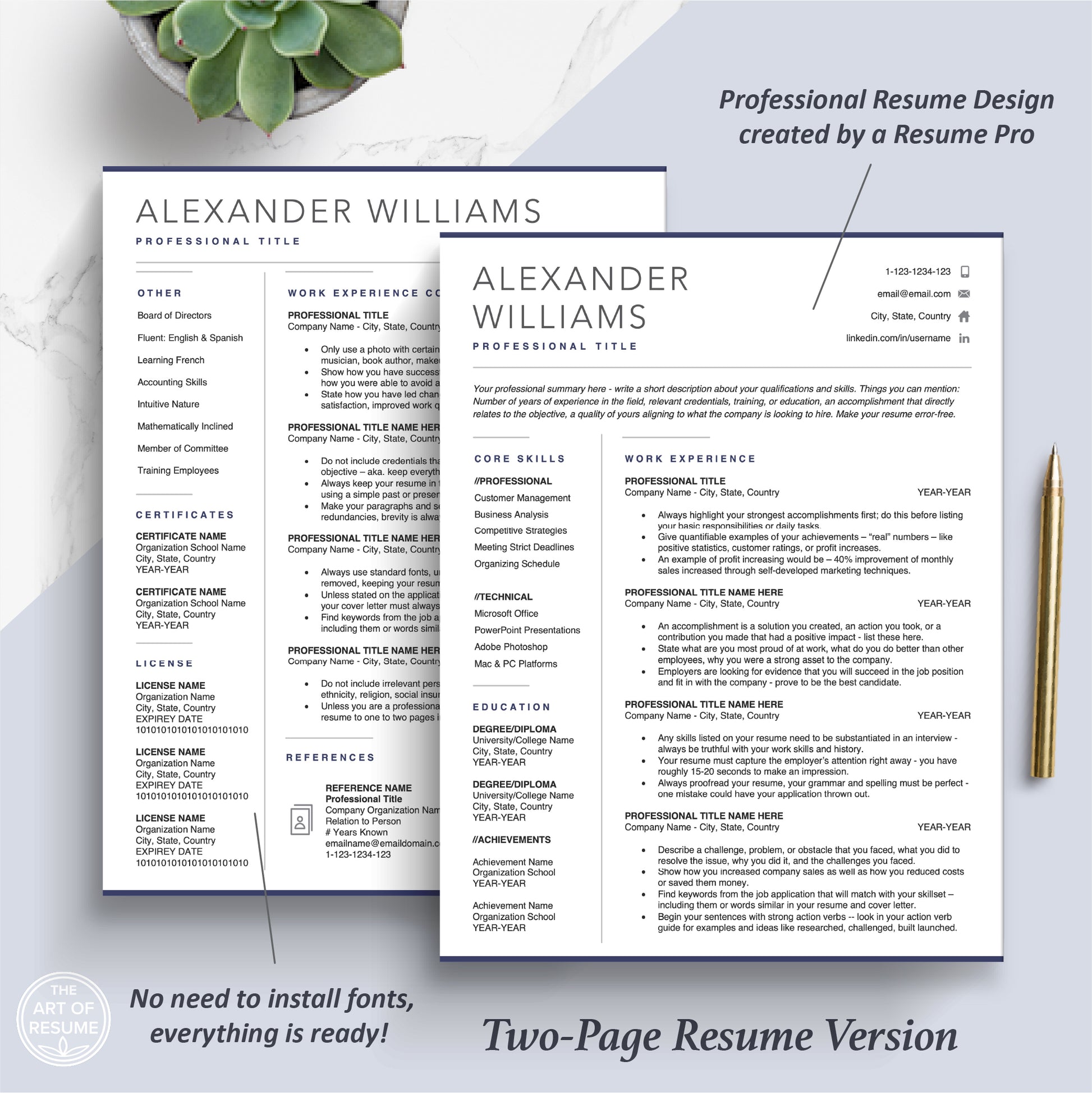 The Art of Resume Templates | Two Page Professional Modern Executive Resume CV Template | Curriculum Vitae