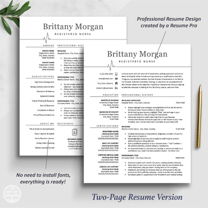 2 Page Resume, The Art of Resume, Modern Medical Nurse  Doctor Resume CV Template for RN Nurse, Resident Student, Medical Assistant, Physician with Cover Letter, Reference Page, Social Media Icons