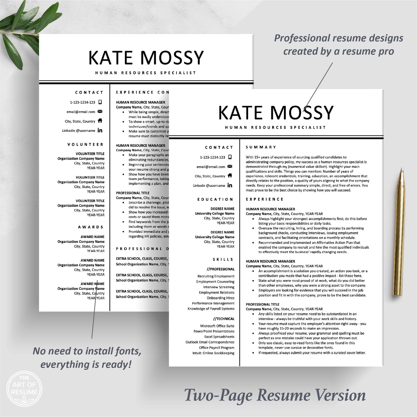 The Art of Resume Templates | Two Page Professional HR Human Resources  Resume CV Template | Curriculum Vitae