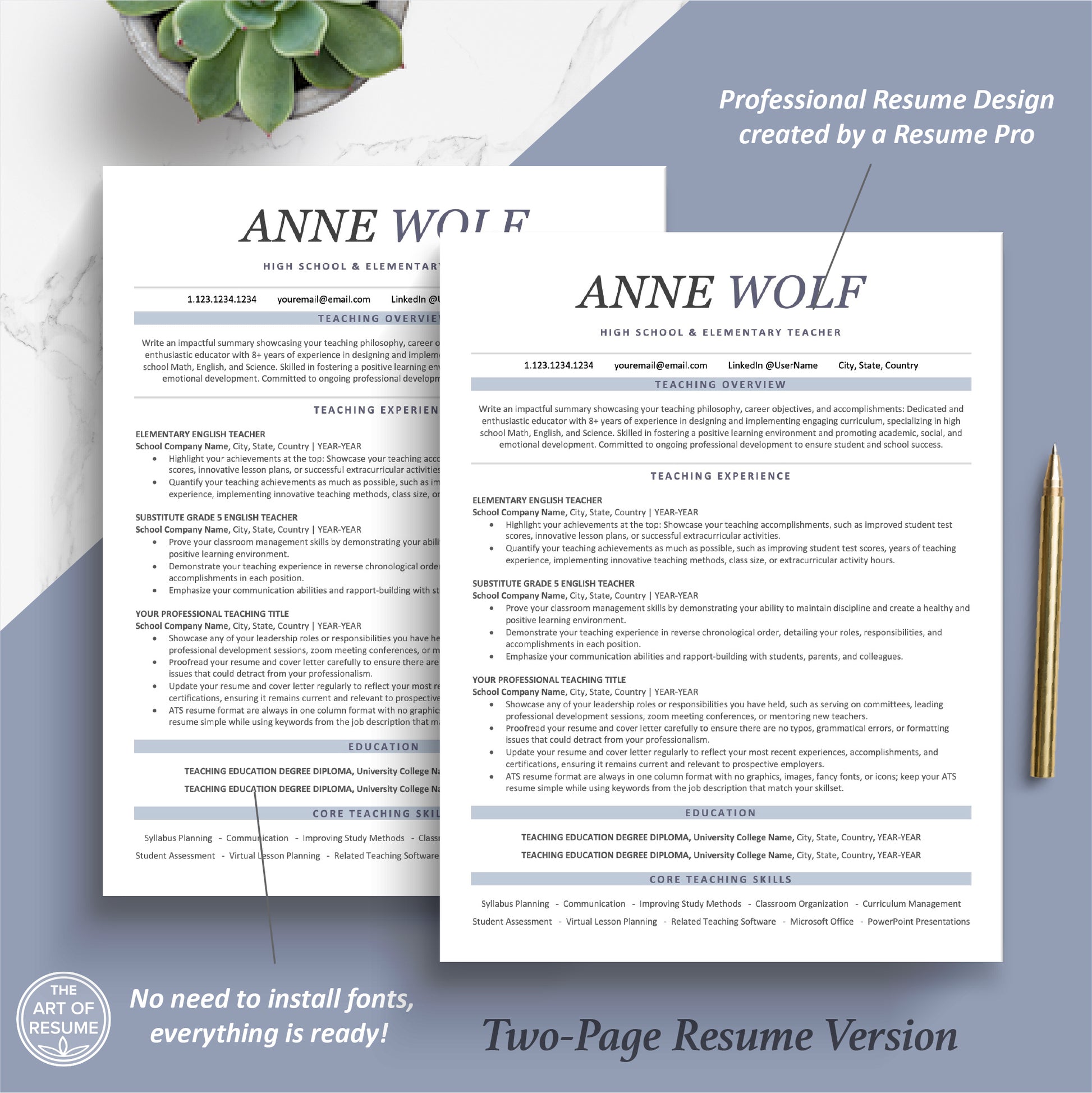 The Art of Resume Templates | Two Page Professional ATS friendly teacher Executive Resume CV Template | Curriculum Vitae