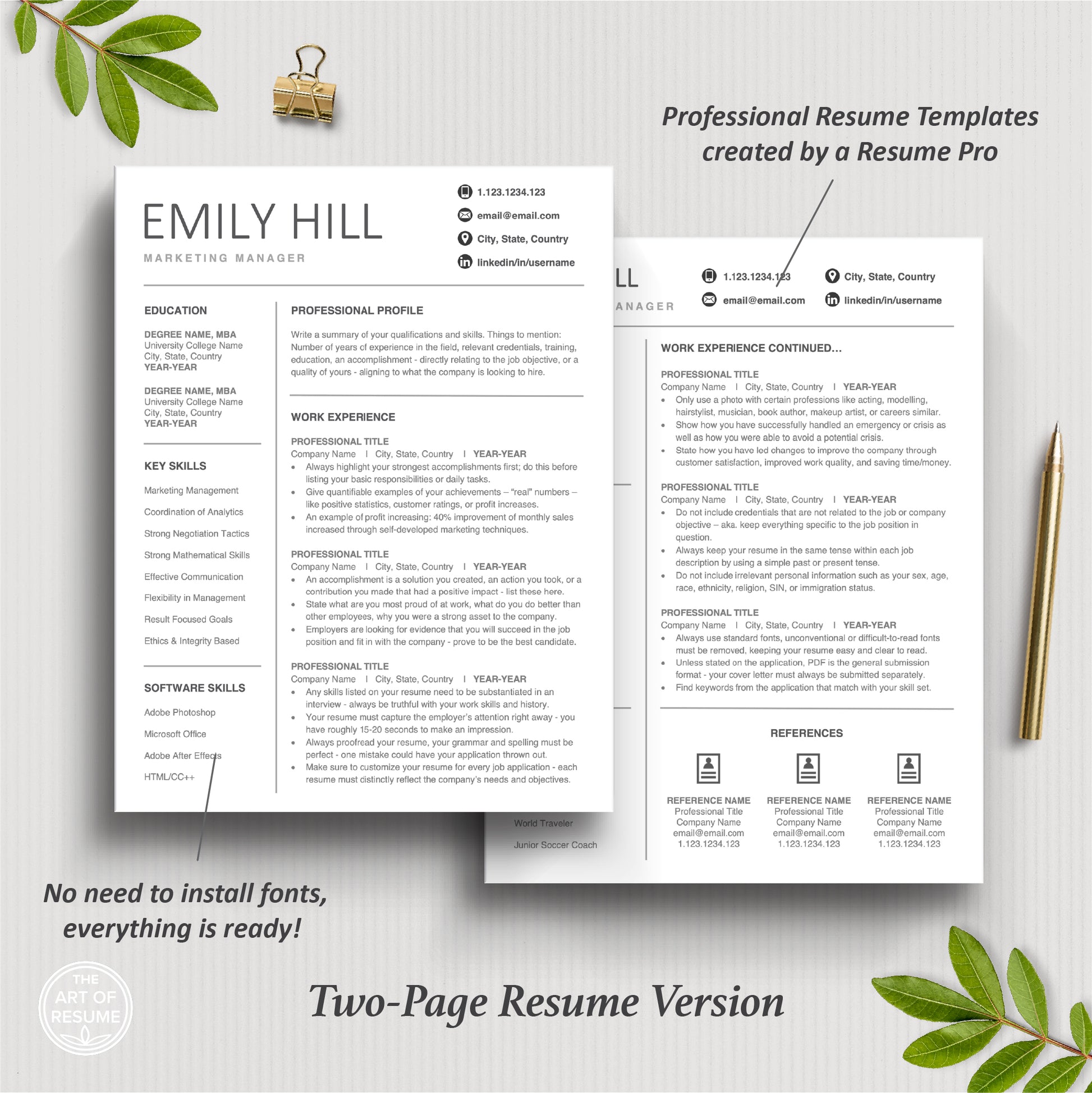 2-Page Modern Resume Design Template Bundle, Instant Download Bundle for Google Docs, Apple Pages, Microsoft Word, Mac and PC | The Art of Resume Templates