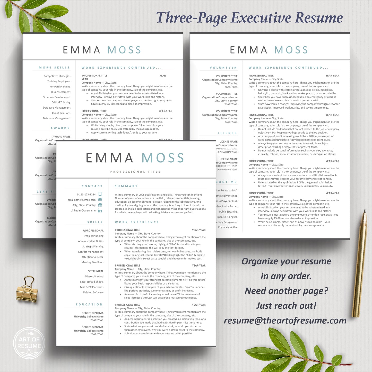 The Art of Resume Templates | Three-Page Teal Blue Executive C-Suite level Professional Modern Resume CV Template Format | Curriculum Vitae