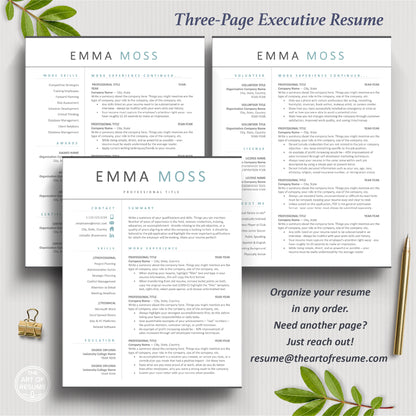 The Art of Resume Templates | Three-Page Teal Blue Executive C-Suite level Professional Modern Resume CV Template Format | Curriculum Vitae