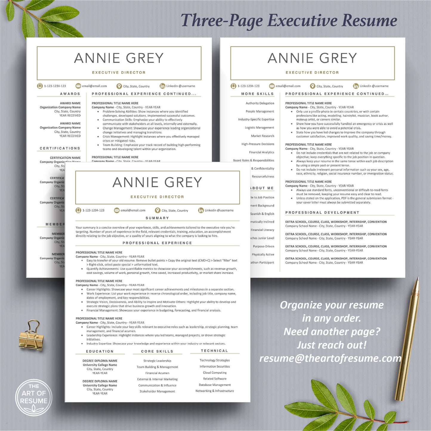 The Art of Resume Templates | Three-Page white and gold Executive C-Suite level Professional Modern Resume CV Template Format | Curriculum Vitae