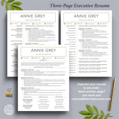 The Art of Resume Templates | Three-Page white and gold Executive C-Suite level Professional Modern Resume CV Template Format | Curriculum Vitae
