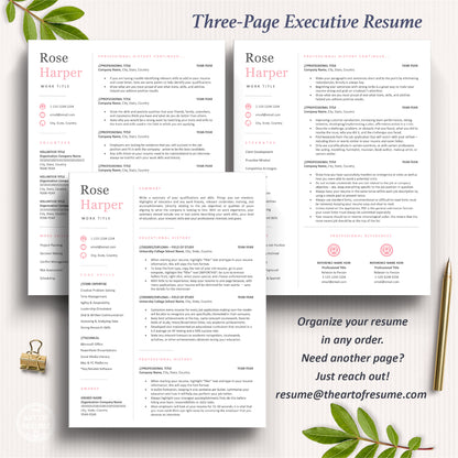 The Art of Resume Templates | Three-Page Pink Executive C-Suite level Professional Modern Resume CV Template Format | Curriculum Vitae
