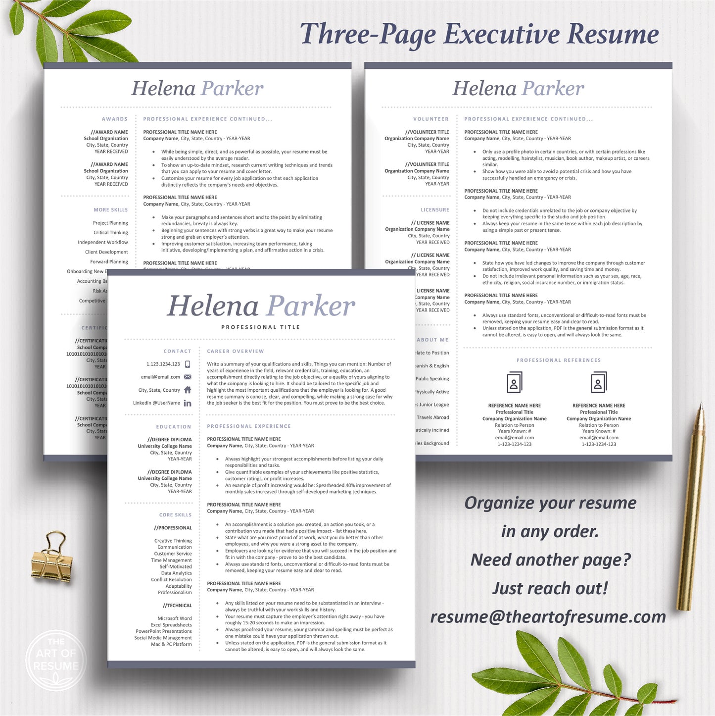 The Art of Resume Templates | Three-Page Modern Executive C-Suite level Professional Modern Resume CV Template Format | Curriculum Vitae
