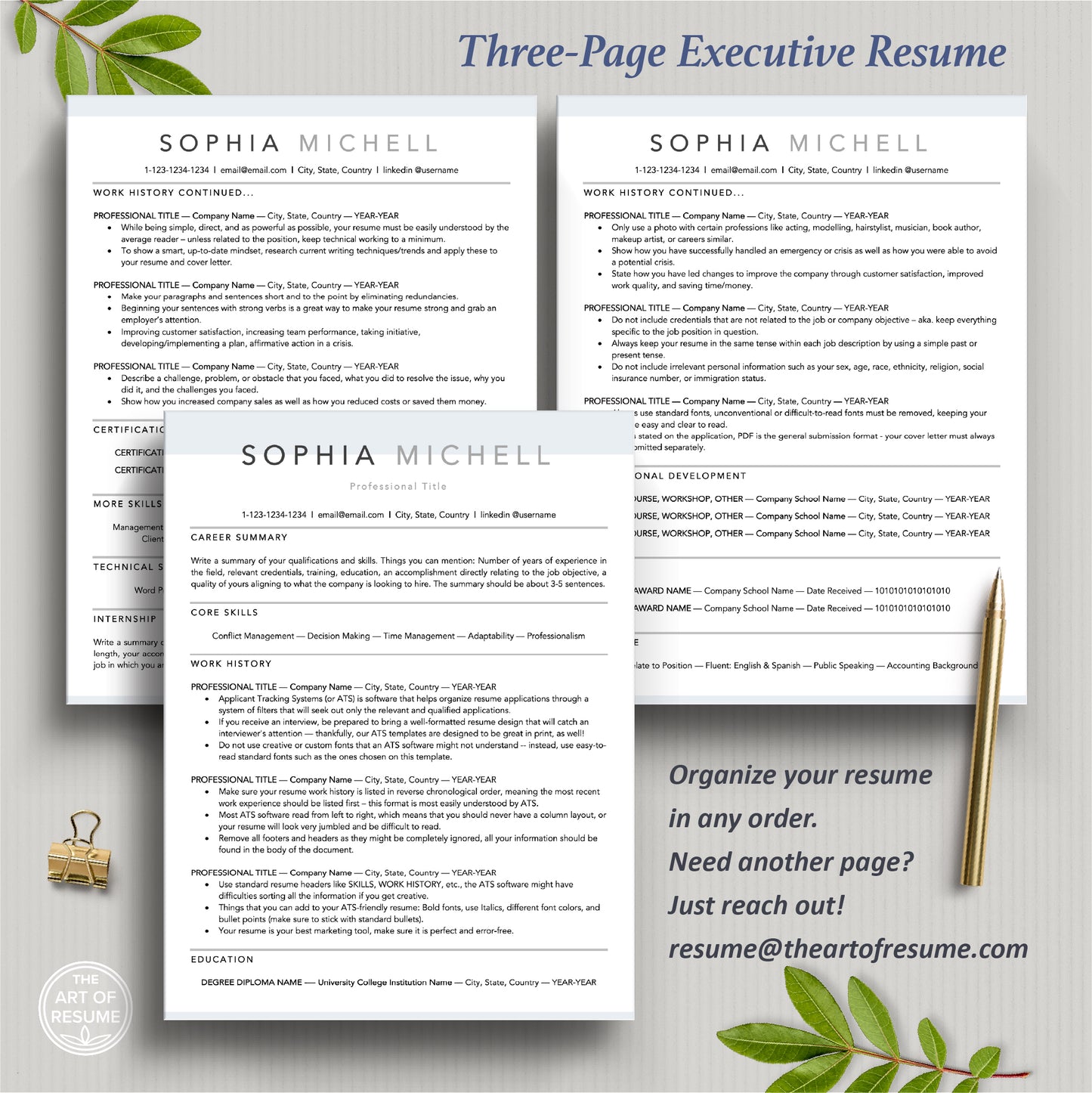 The Art of Resume Templates | Three-Page ATS Executive C-Suite level Professional Modern Resume CV Template Format | Curriculum Vitae