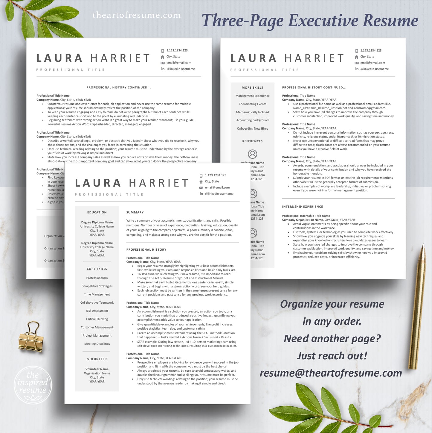 The Art of Resume Templates | Three-Page Modern Executive C-Suite level Professional Modern Resume CV Template Format | Curriculum Vitae