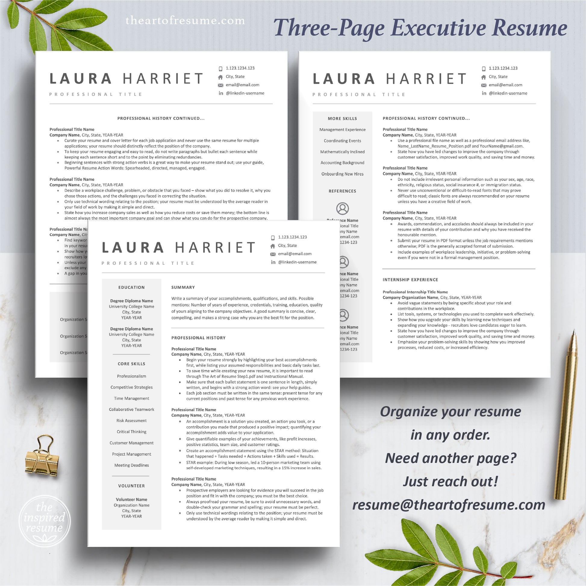 The Art of Resume Templates | Three-Page Modern Executive C-Suite level Professional Modern Resume CV Template Format | Curriculum Vitae