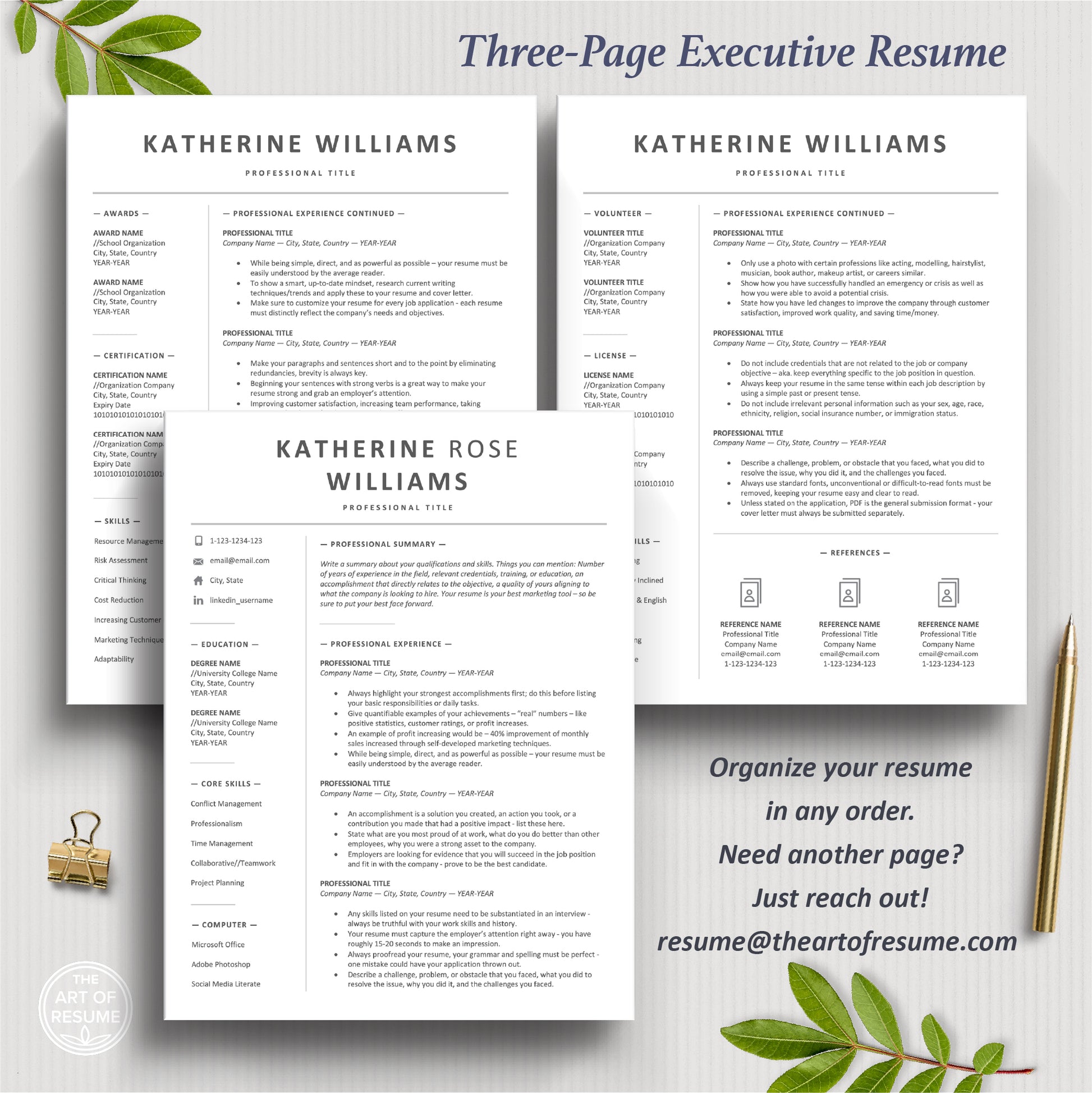 The Art of Resume Templates | Three-Page Simple Executive C-Suite level Professional Modern Resume CV Template Format | Curriculum Vitae