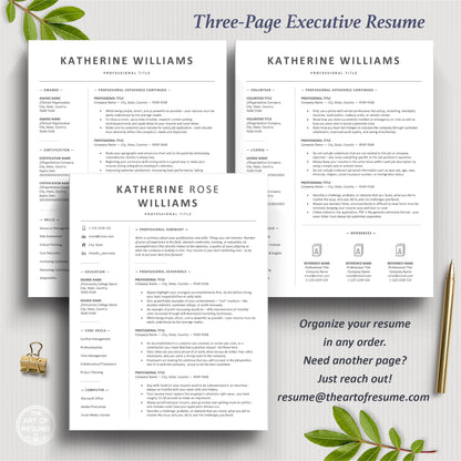 The Art of Resume Templates | Three-Page Simple Executive C-Suite level Professional Modern Resume CV Template Format | Curriculum Vitae