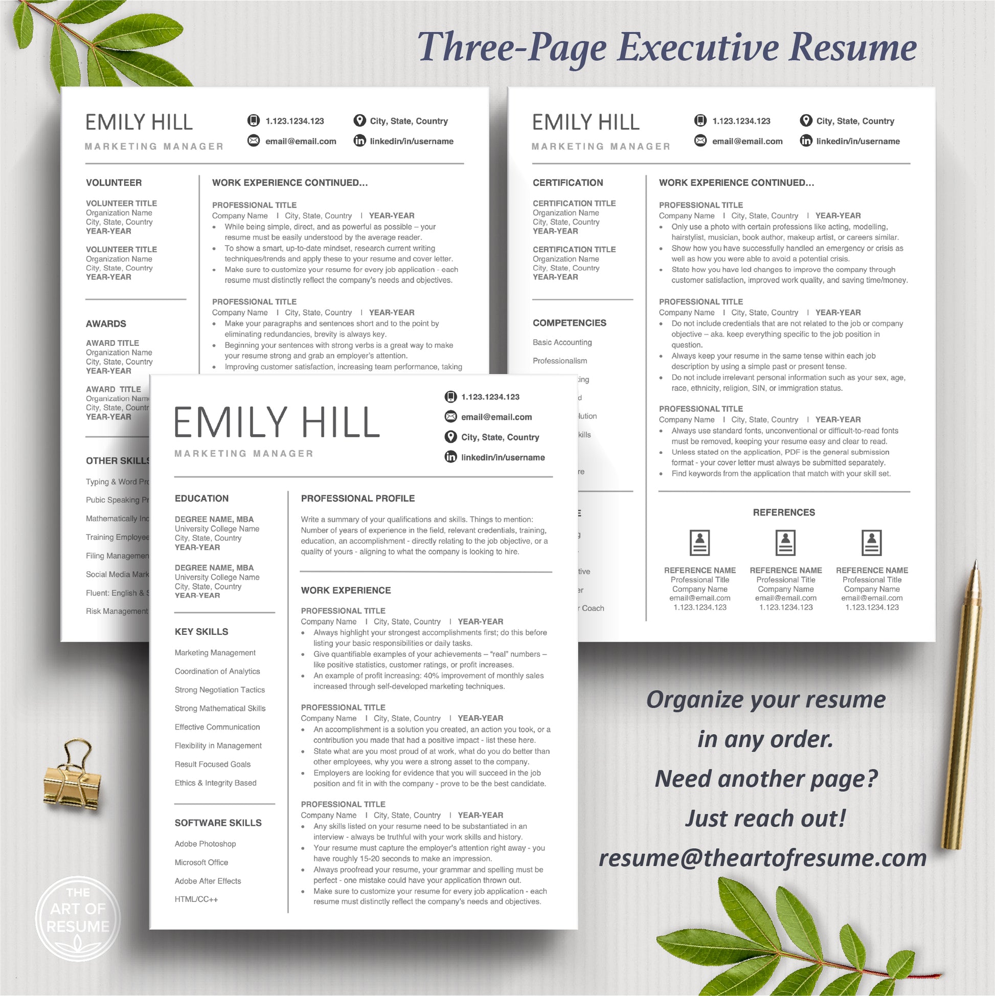 3-Page Executive Resume Design Template Bundle, Instant Download Bundle for Google Docs, Apple Pages, Microsoft Word, Mac and PC | The Art of Resume