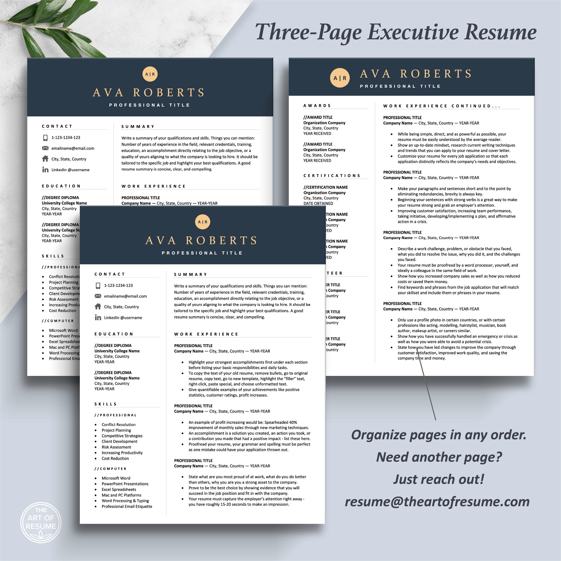 The Art of Resume Templates | Three-Page Executive CEO C-Suite Level Navy Blue Resume CV Template Format | Curriculum Vitae