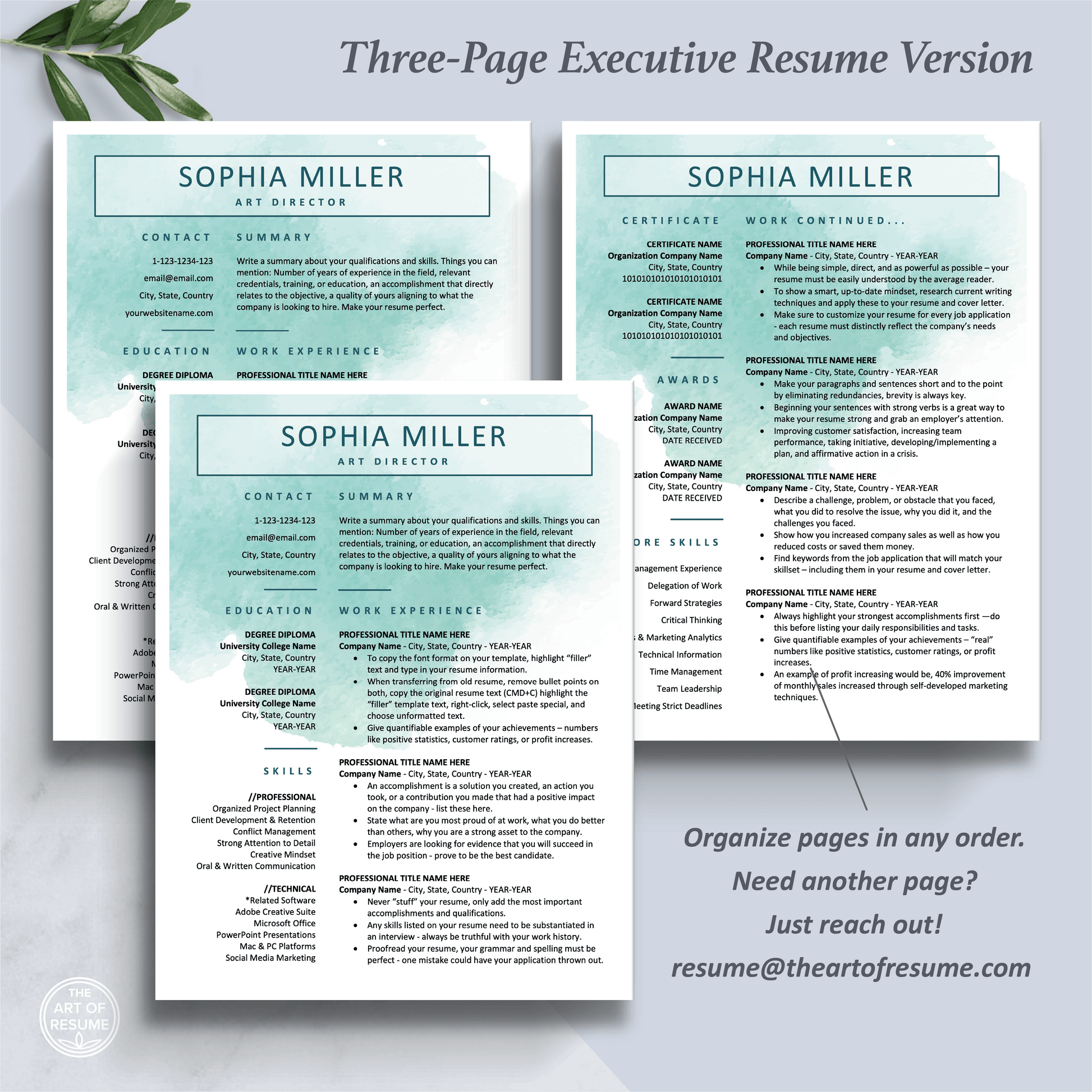 The Art of Resume Templates | Three-Page Creative Teal Blue Watercolor Executive CEO C-Suite Level  Resume CV Template Format | Curriculum Vitae