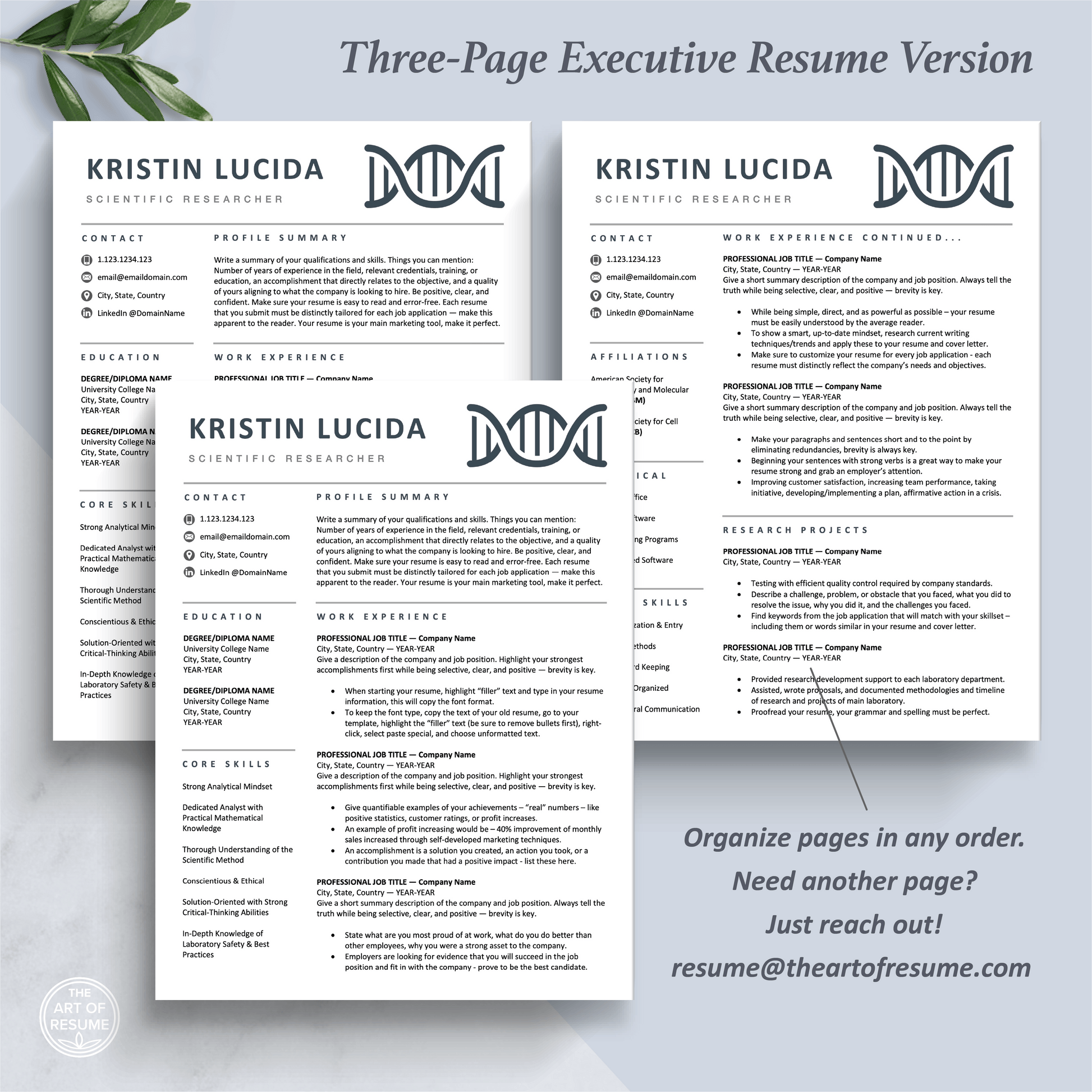 The Art of Resume Templates | Three-Page Scientist, Biochemist, Lab Researcher, Student, Teacher DNA Helix  Executive CEO C-Suite Level  Resume CV Template Format | Curriculum Vitae