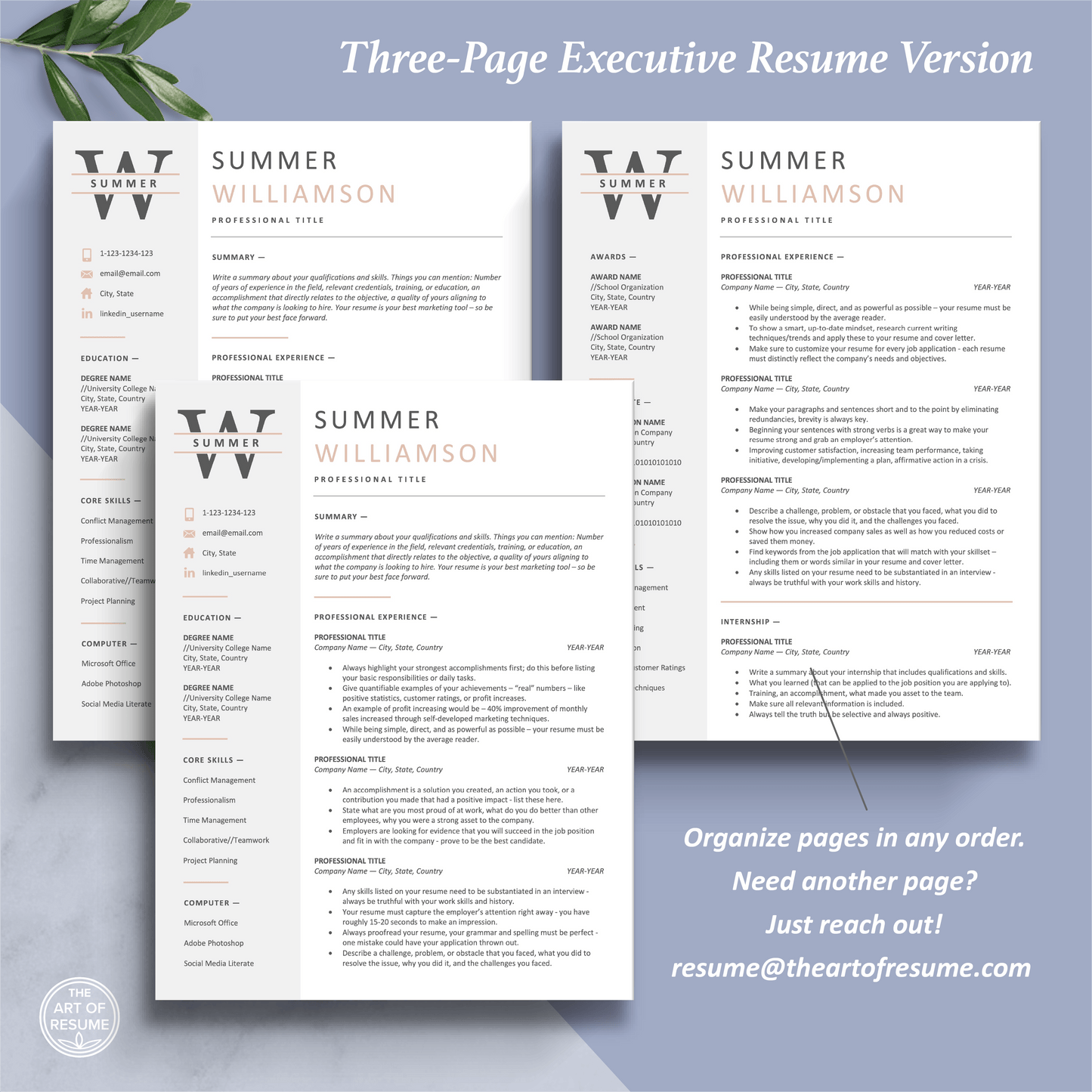 The Art of Resume Templates | Three-Page Professional Pink and Grey Executive CEO C-Suite Level  Resume CV Template Format | Curriculum Vitae