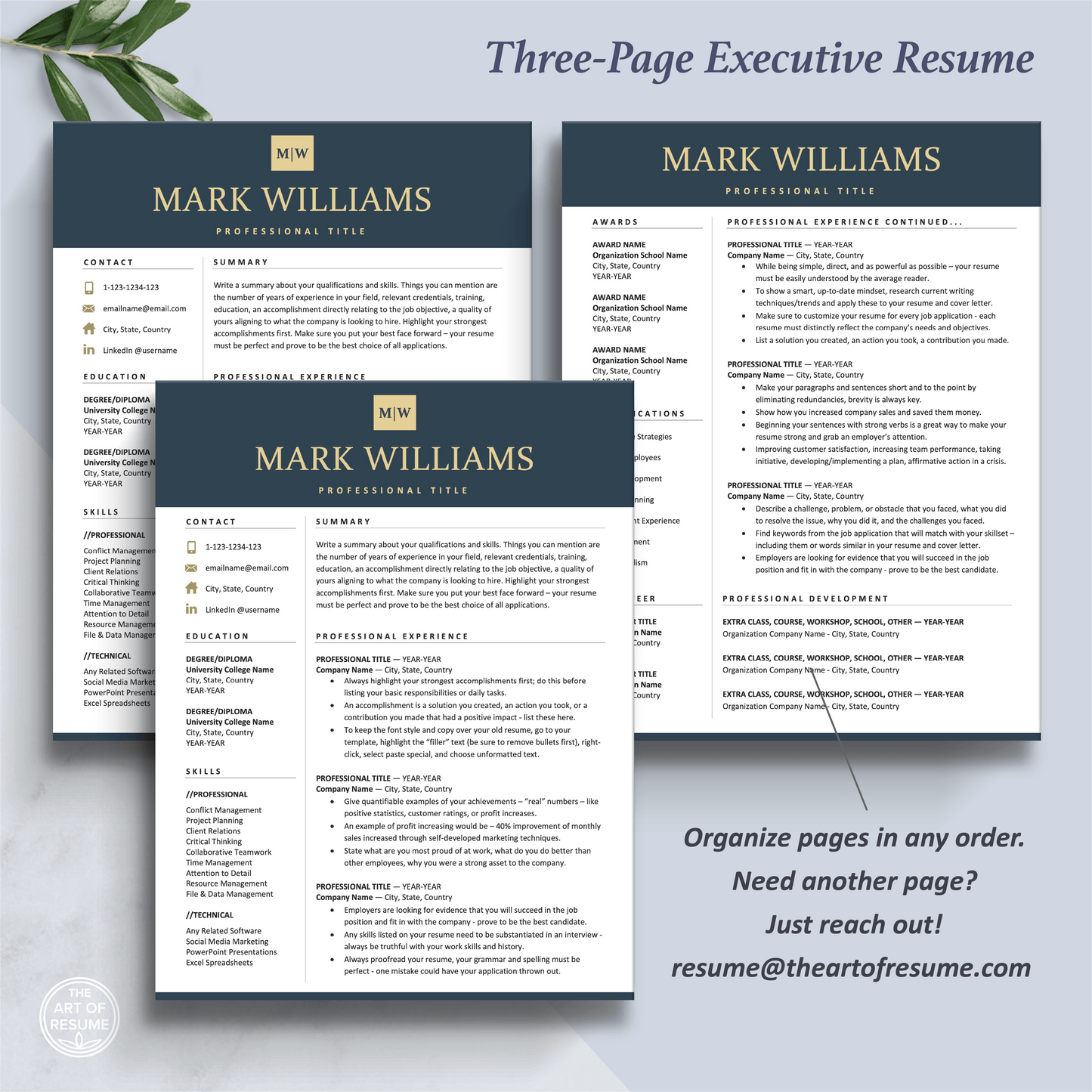 The Art of Resume Templates | Three-Page Executive CEO C-Suite Level  Navy Blue Resume CV Template Format | Curriculum Vitae