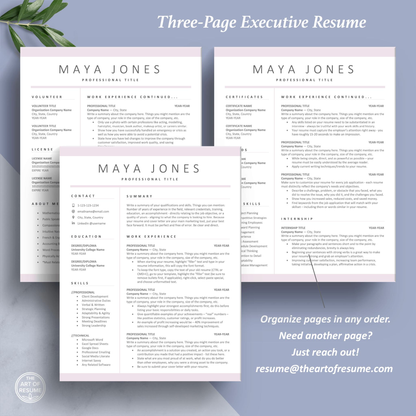 The Art of Resume Templates | Three-Page Professional Simple Pink Executive C-Suite Level  Resume CV Template Format | Curriculum Vitae