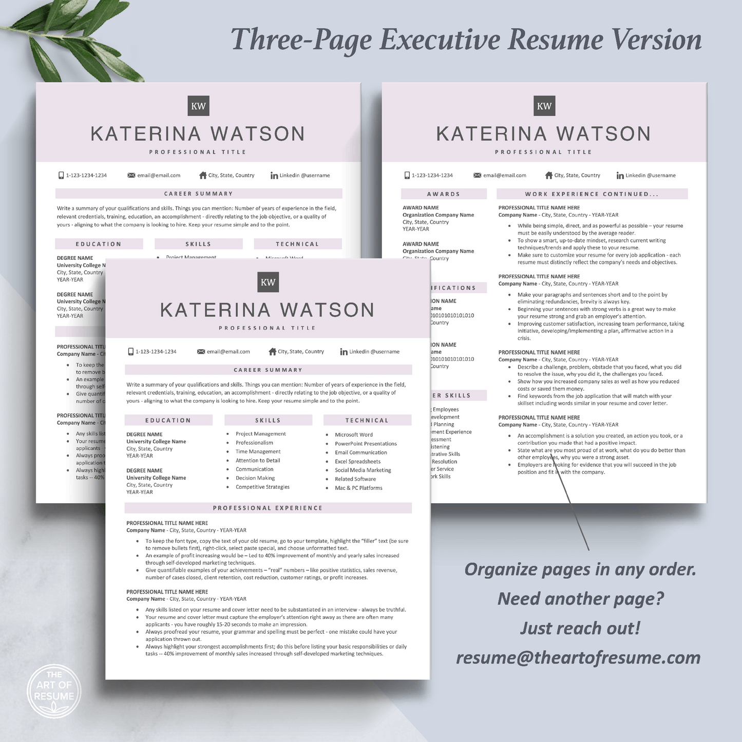 The Art of Resume Templates | Three-Page Professional  Rose Pink Executive CEO C-Suite Level  Resume CV Template Format | Curriculum Vitae