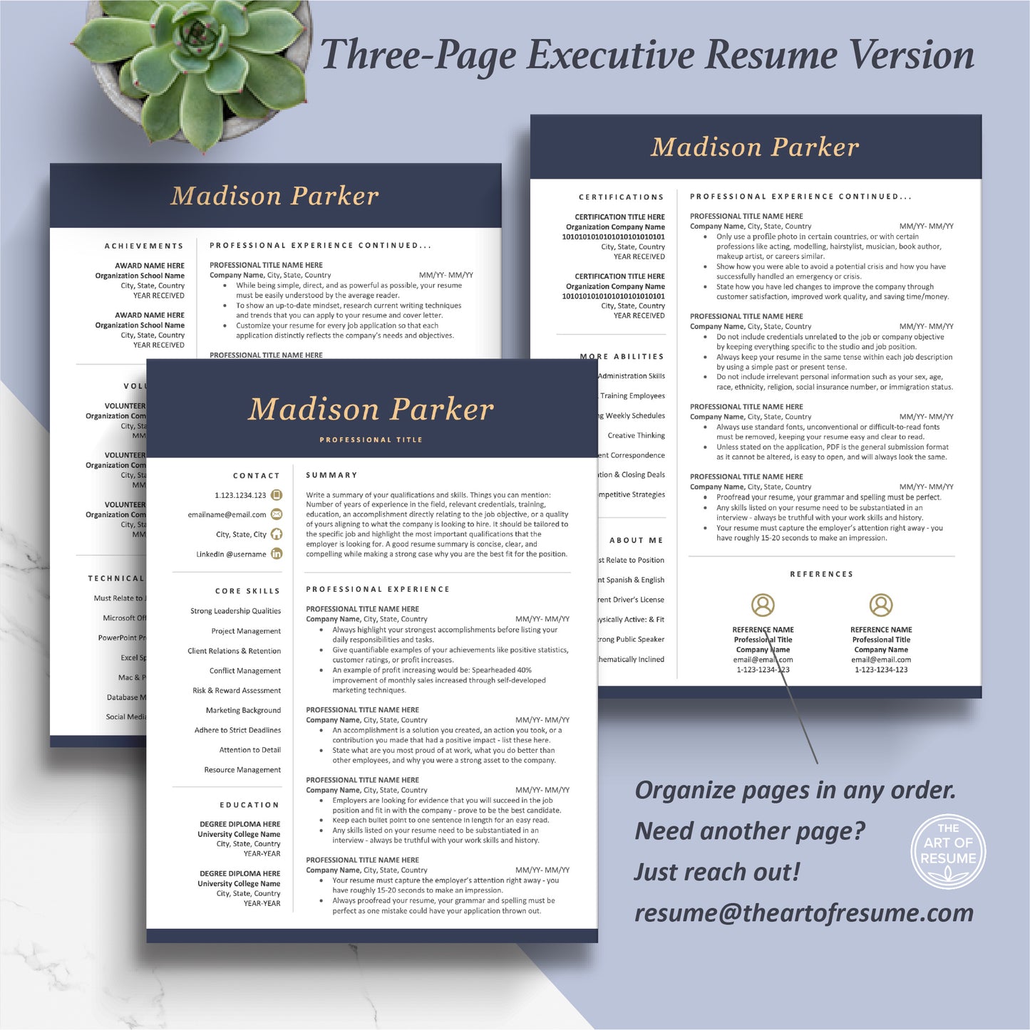 The Art of Resume Templates - Three-Page Executive C-Suite level Professional Dark Blue Resume CV Template Format - Curriculum Vitae