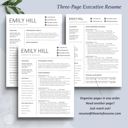 3-Page Executive Resume Design Template Bundle, Instant Download Bundle for Google Docs, Apple Pages, Microsoft Word, Mac and PC